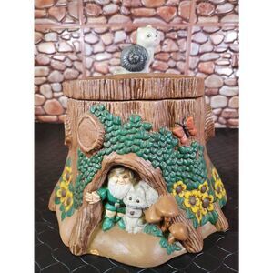 Vintage Rare Hand Painted Ceramic Cookie Jar Gnome Tree House W/ Snail Mushroom